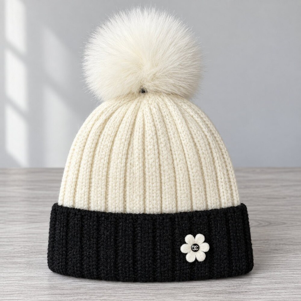 CHANEL Two-Tone Pom Pom Knit Beanie
